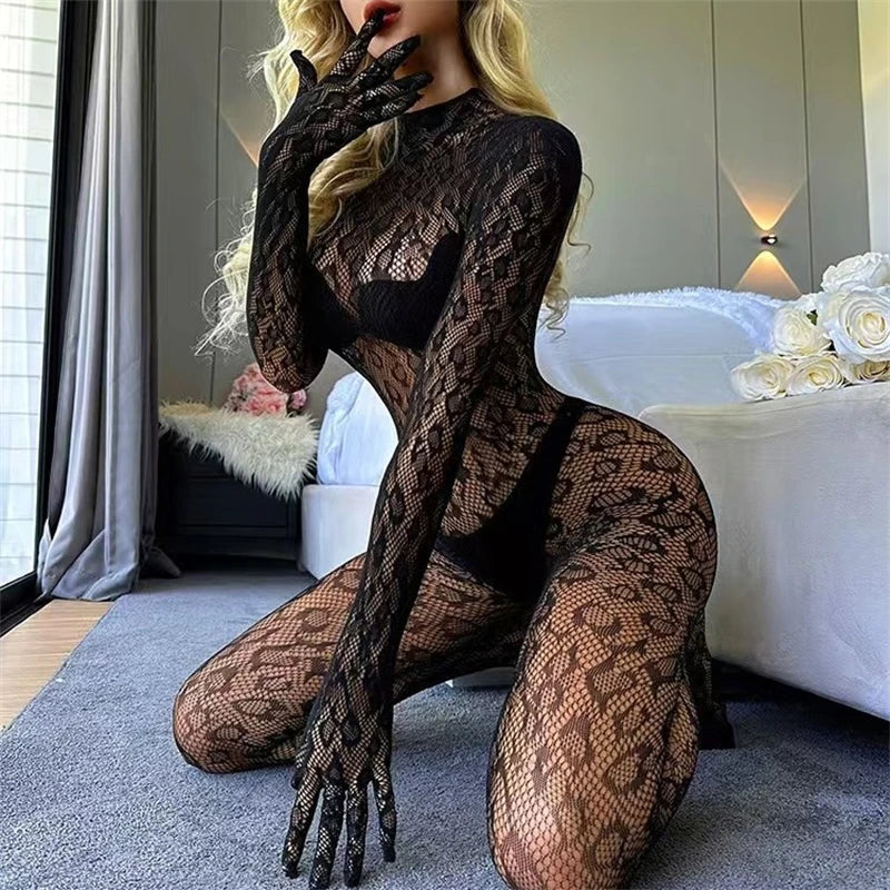 Women's Sexy Leopard Print Hollow Out Mesh Bodystocking Long Sleeve Fishnet See Through Bodysuit Jumpsuit Nightwear