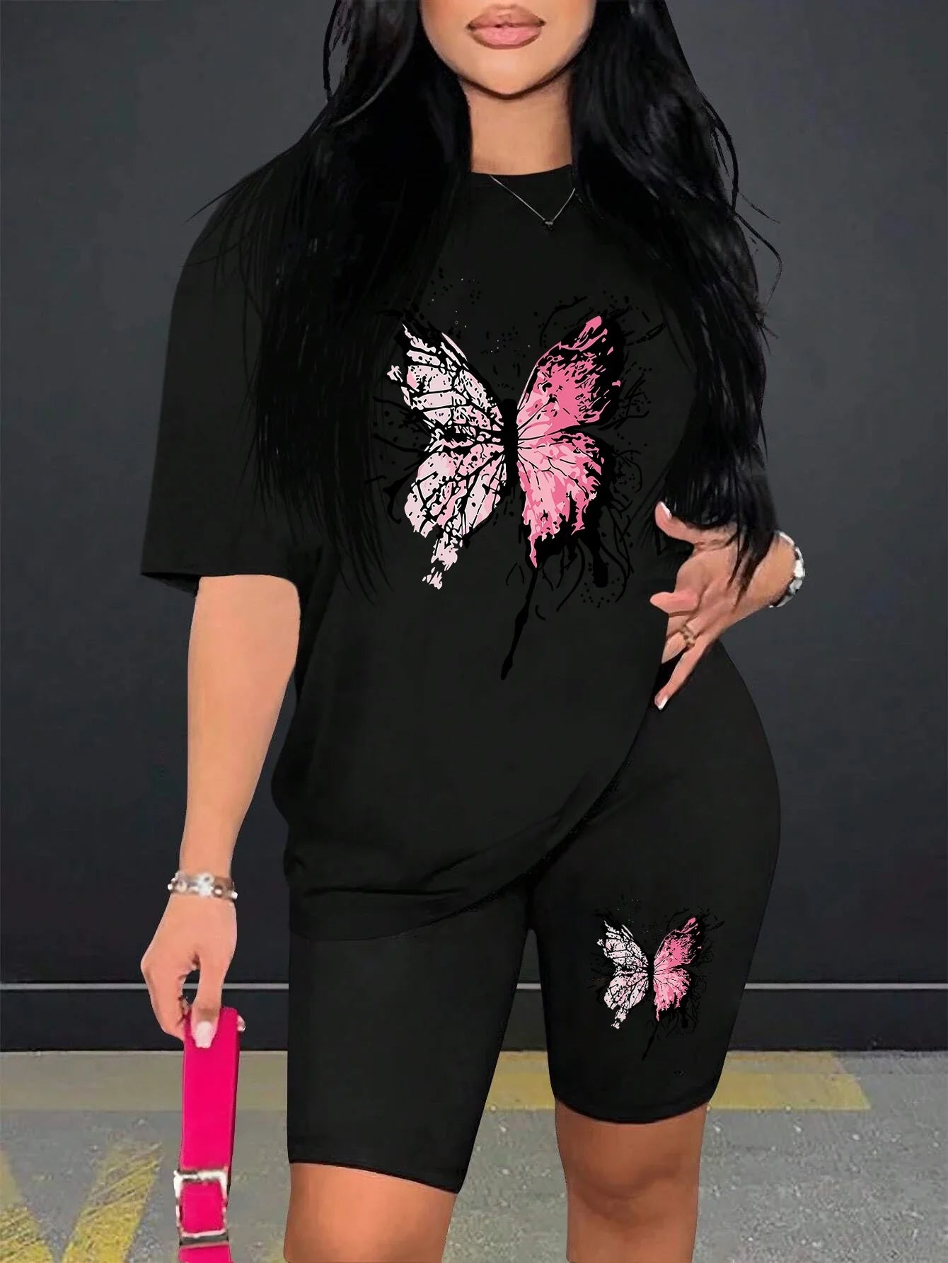 Beautiful Butterfly Print Women's Short Sleeve T-Shirt and Soft Polyester Shorts Two-Piece Set Casual Comfortable Sportswear