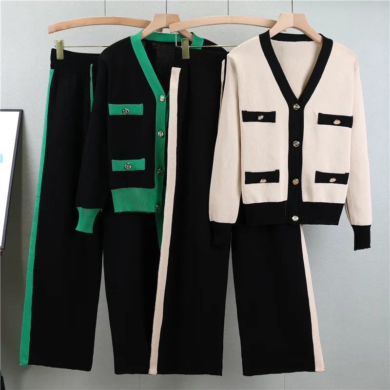 Women's Knitting V-Neck Cardigan and Wide Leg Pants 2-Piece Sweater Suit for Autumn and Winter Fashion