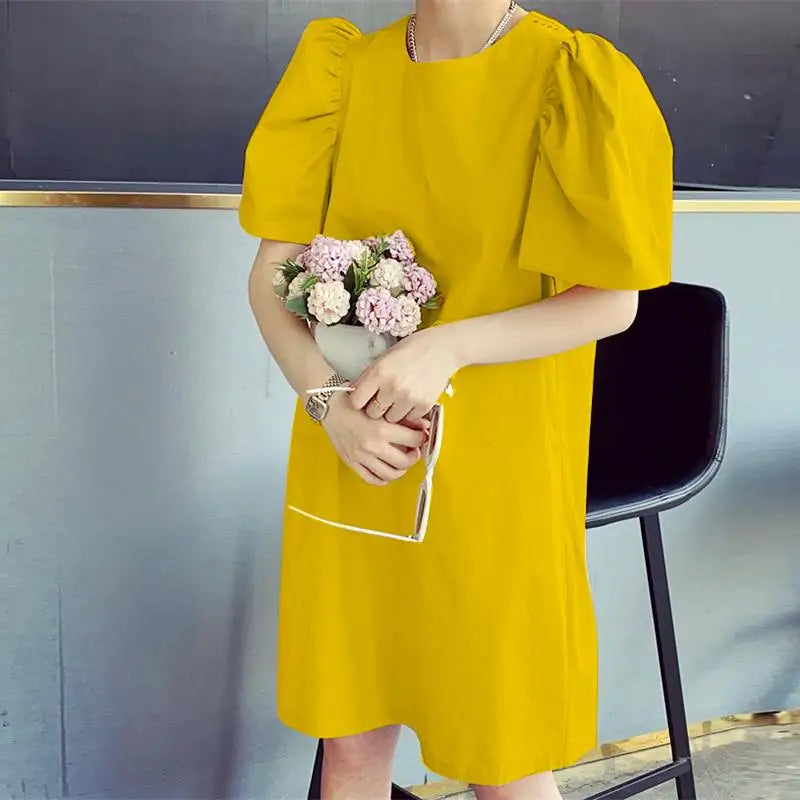 Summer Women Sundress Mini Pleated Puff Sleeve Dress