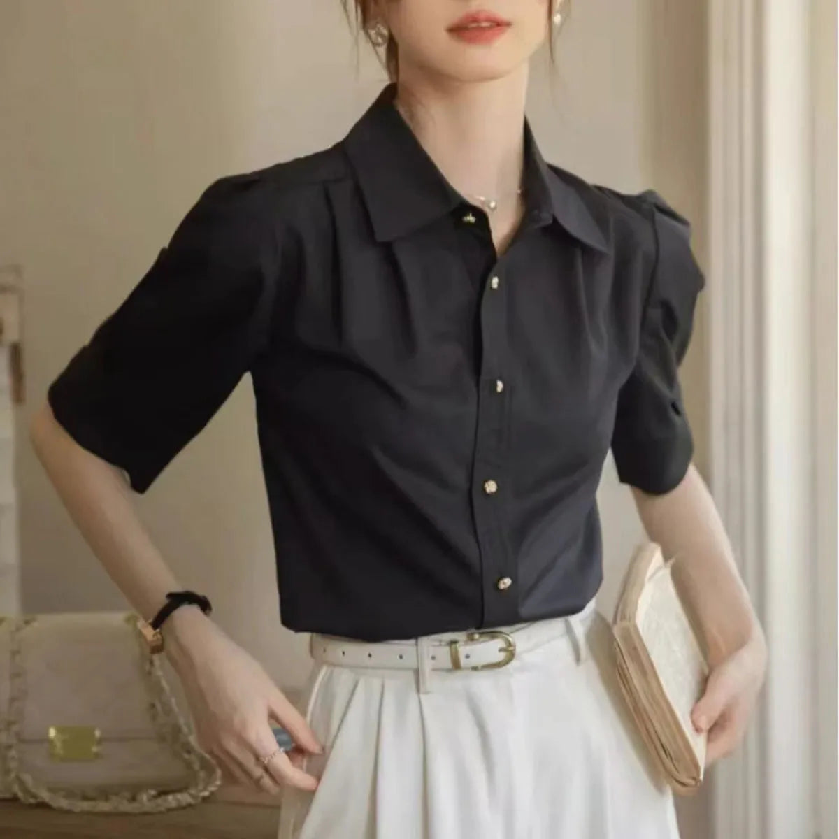 Elegant Summer Short Sleeve Office Shirt for Women Solid Color Basic Button-Up Blouse Stylish and Comfortable Female Workwear Top