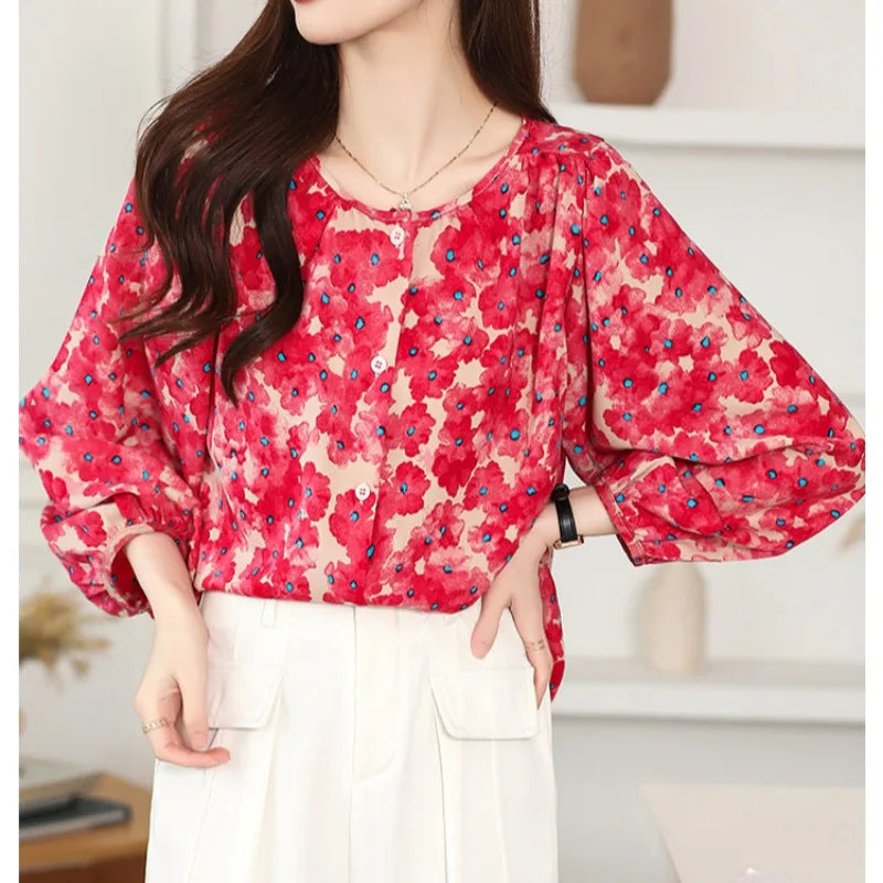 Floral Print Loose Fit Lantern Sleeve Chiffon Blouse Retro Long Sleeve Casual Women's Shirt Top