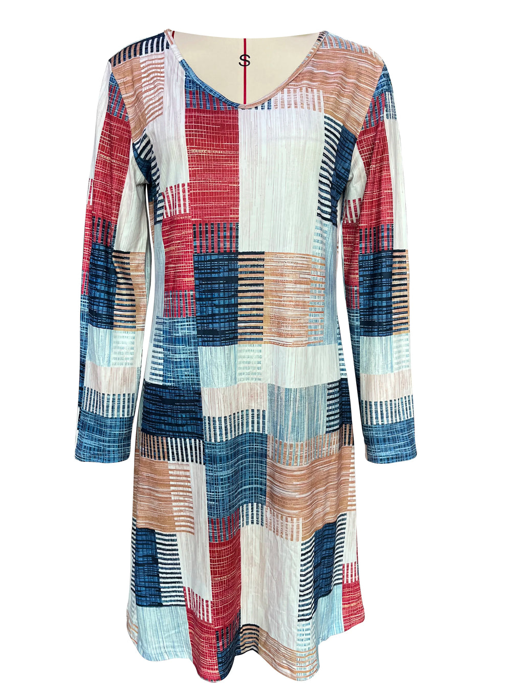 Womens Geometric Plaid Print Dress With V Neck Long Sleeves