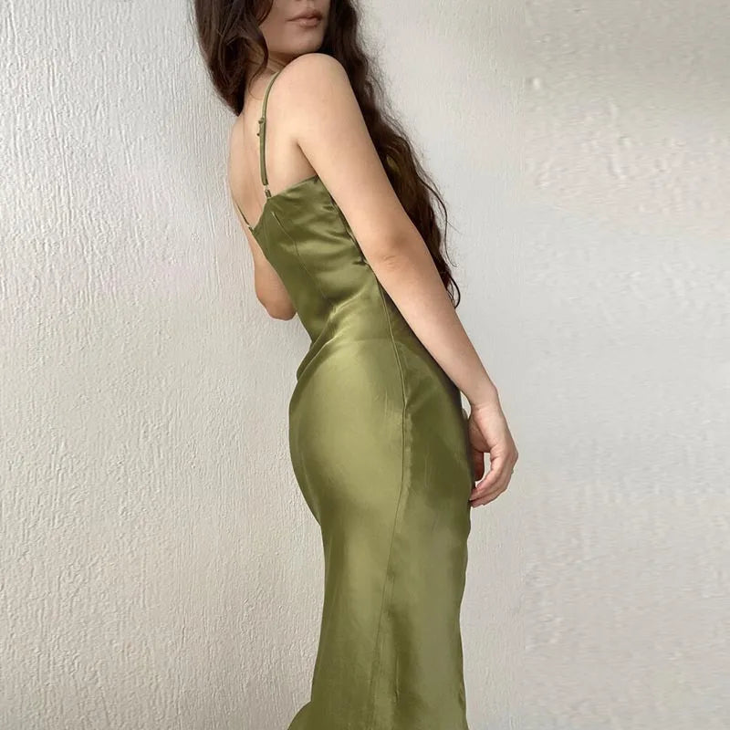 Elegant Satin Strap Dress With Back Split For Spring