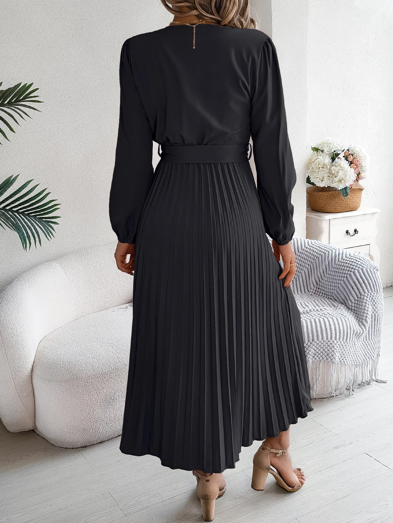 Elegant Autumn V Neck Belted Pleated Long Sleeve Dress