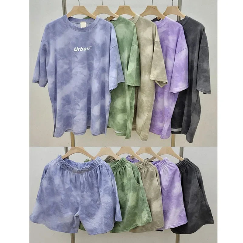 2Piece Women's Tie Dye T-Shirt and Wide Leg Shorts Set Casual Loose Fit Soft Summer Outfit with Pockets