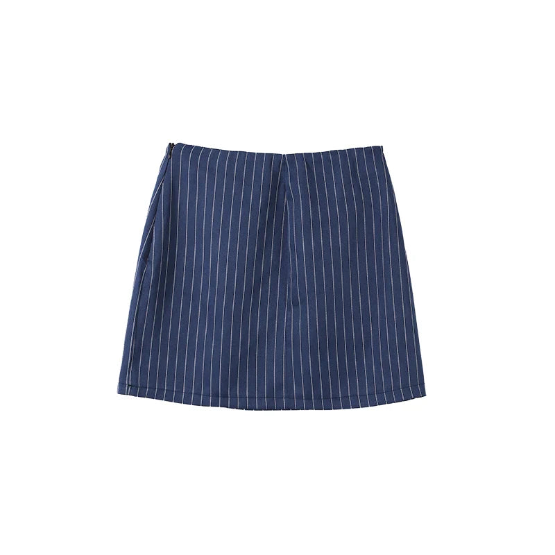 Women's Street Striped Blazer and Skirt Set Slim V-Neck Single Breasted Coat with Ribbon Accent Hip-Hugging Package Skirt Chic Spring Summer Outfit