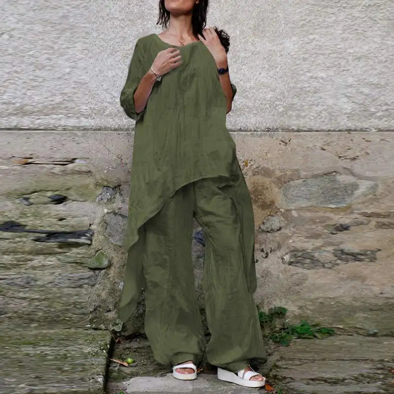 Casual Loose Cotton Linen Top with Irregular Hem and Elegant Loose Leg Pants Two Piece Set