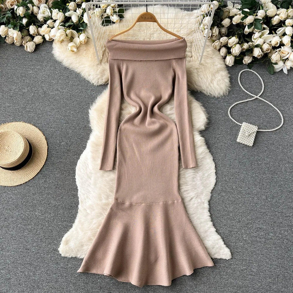 Elegant Knit Mermaid Dress Wrap Off Shoulder Long Sleeve