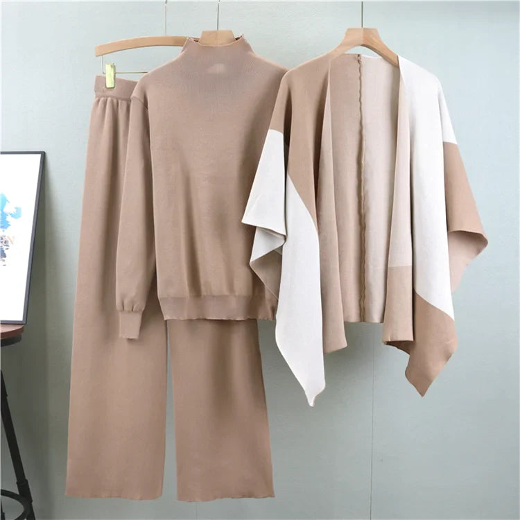 Elegant Knitted Three-Piece Suit for Women - Cozy Autumn Winter Knit Top with Wide Leg Pants and Stylish Shawl Set