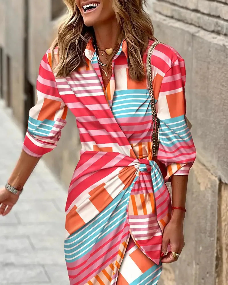 Printed Striped Shirt Collar Midi Dress For Women Everyday