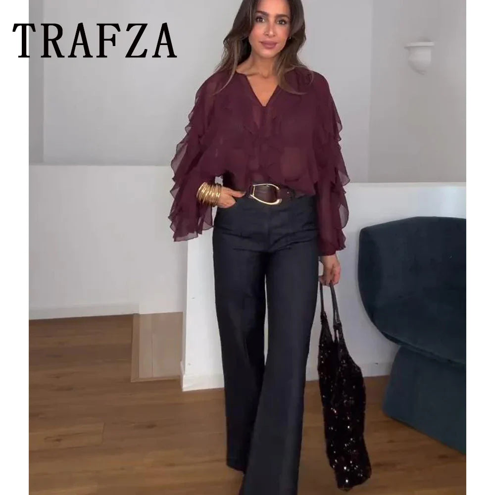 Sexy Transparent Tassel Chiffon Women Blouse Long Sleeve V Neck Loose Fit Single Button Shirt Stylish Lightweight Top for Spring and Summer