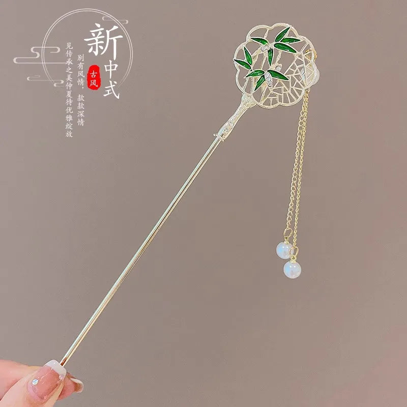 Elegant Enameled Flower Tassel Hair Clip Alloy Hairpin for Women Stylish Chinese Hair Accessory