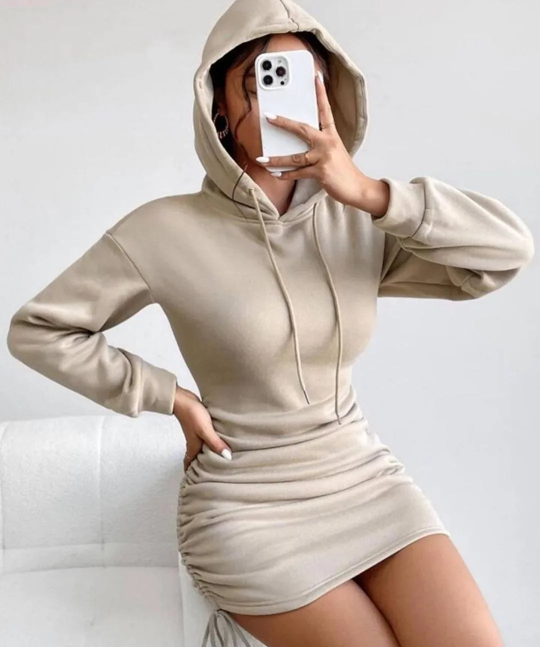 Hoodie Dress With Drawstring Ruched Drop Shoulder For Women