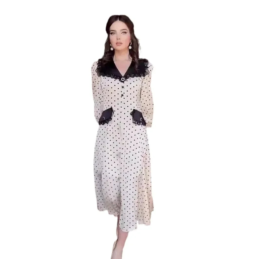 Slim Print Womens Midi Dress With Doll Collar Long Sleeve