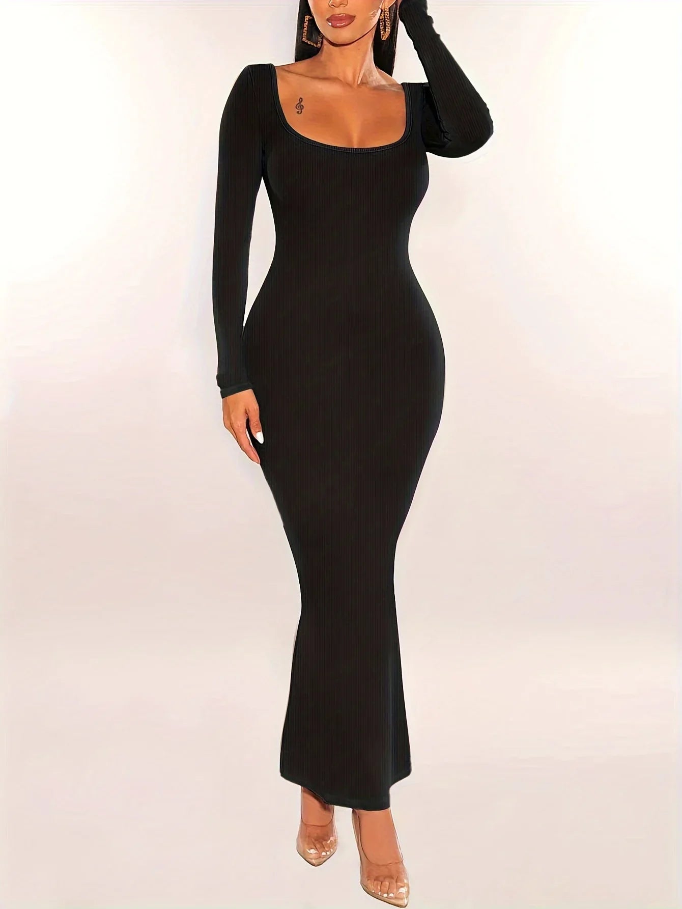 Ribbed Knit Long Sleeve Maxi Dress Slim Fit Bodycon