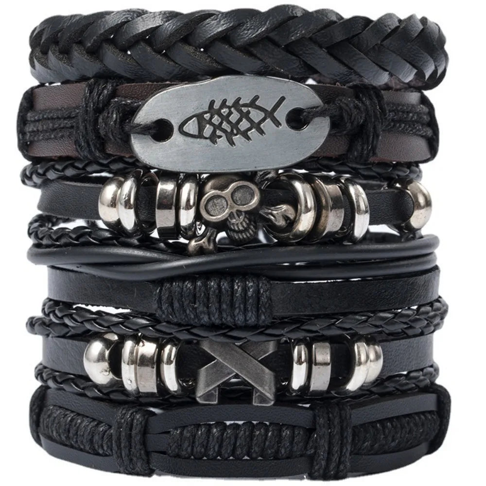 Punk Style Evil Eye Skull Bracelet Set with Adjustable PU Leather and Beads - 4/5/6 Pieces