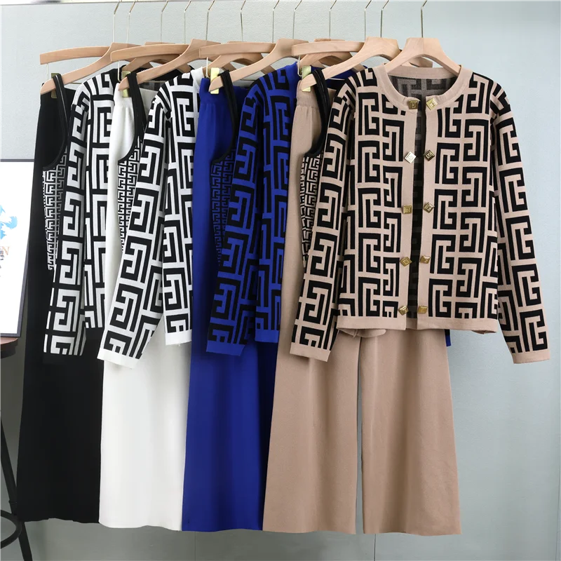 Women's 3 Piece Knit Tracksuit Set with Sexy Vest Long Sleeve Cardigan and Elastic Waist Pants