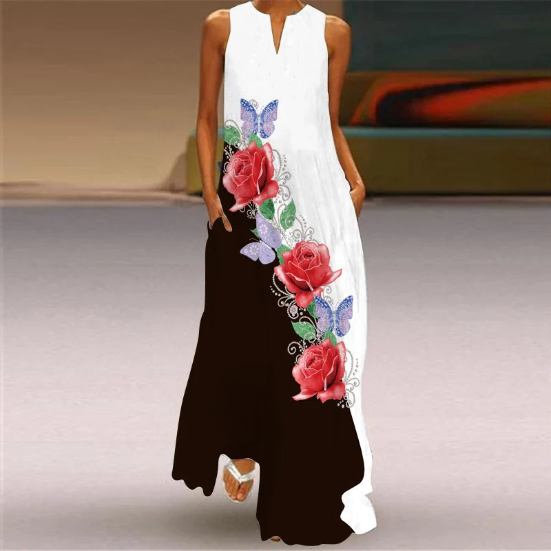 V Neck Sleeveless Printed Maxi Dress For Women Summer Style