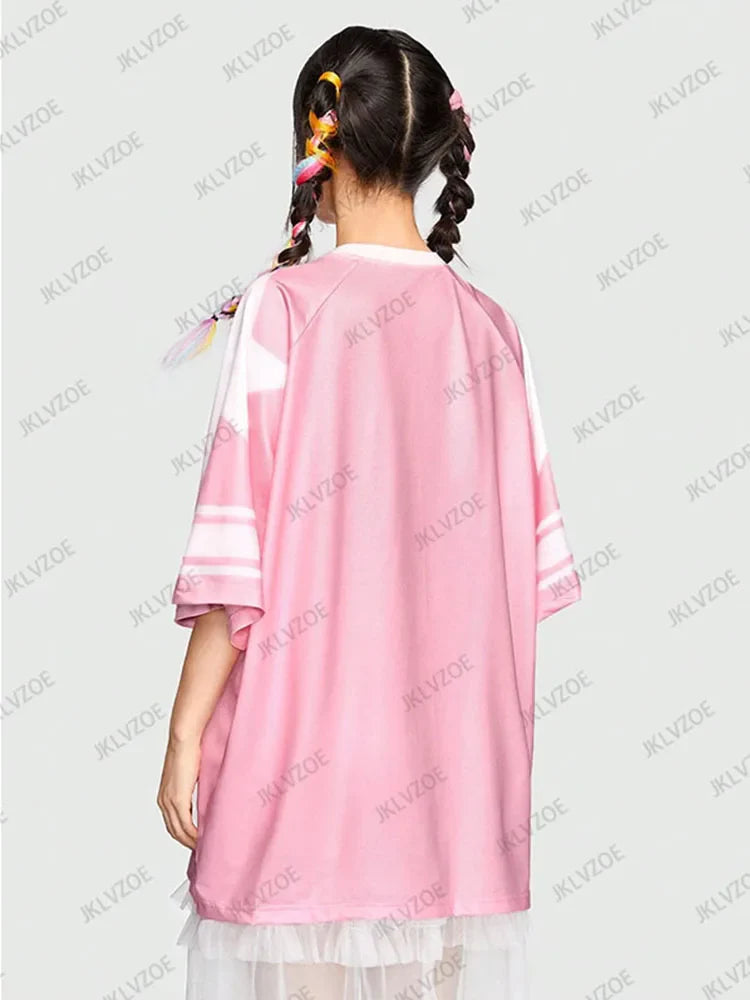 Oversized V-Neck T-Shirt For Women Casual Red Patchwork Short Sleeve Football Jersey Y2K Summer Tops