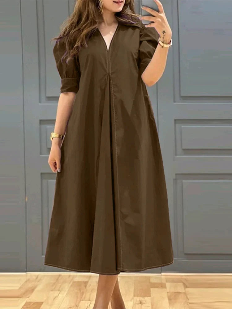 V Neck Puff Sleeve Midi Dress Solid Color Casual Wear