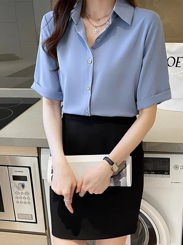 Women's Summer Short Sleeve V-Neck Chiffon Blouse Loose Fit Casual Office Pullover Shirt