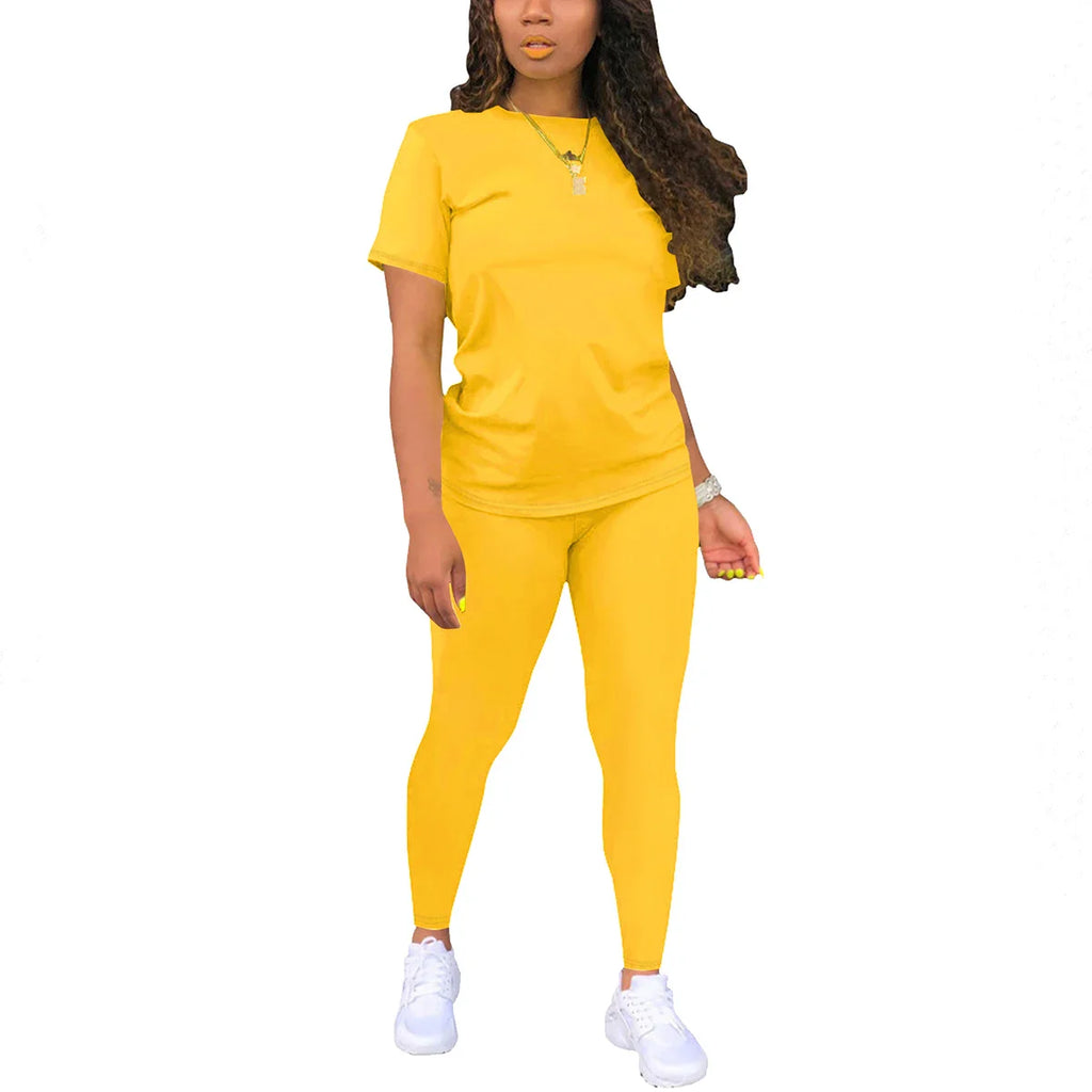 Women's Summer Two Piece Jogger Set with Short Sleeve Top and Matching Shorts