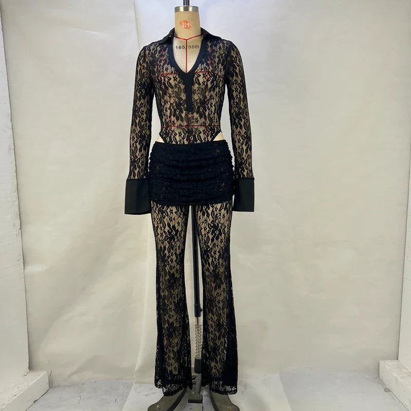 Sexy Lace Patchwork Deep V Long Sleeved Top and Slim Fit High Waisted Flared Pants Women's Set