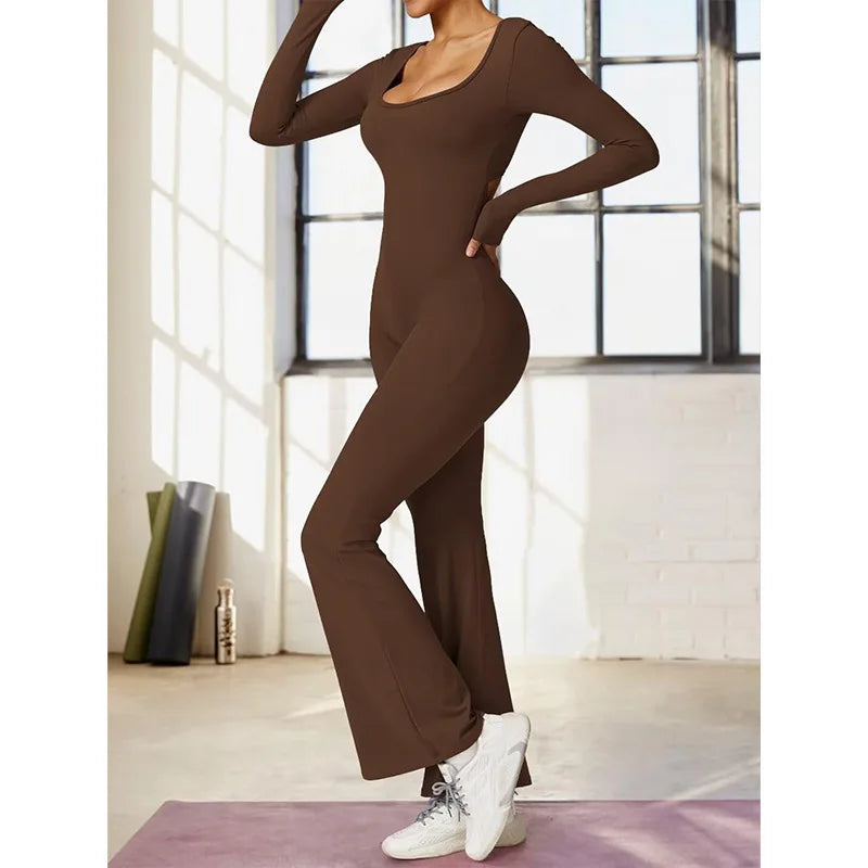 Long Sleeved U-Neck Tight Fit Backless Jumpsuit for Autumn and Winter Yoga Sports and Leisure