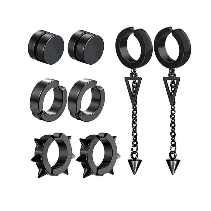 Men's Punk Cross Pendant Stainless Steel Magnetic Earrings Set - 5 Pairs Fashionable Earless Design