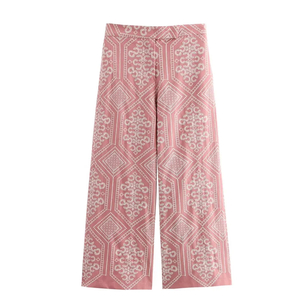 V-Neck Embroidered Kimono Style Mid-Length Windbreaker and High Waisted Straight Leg Pants Set for Women