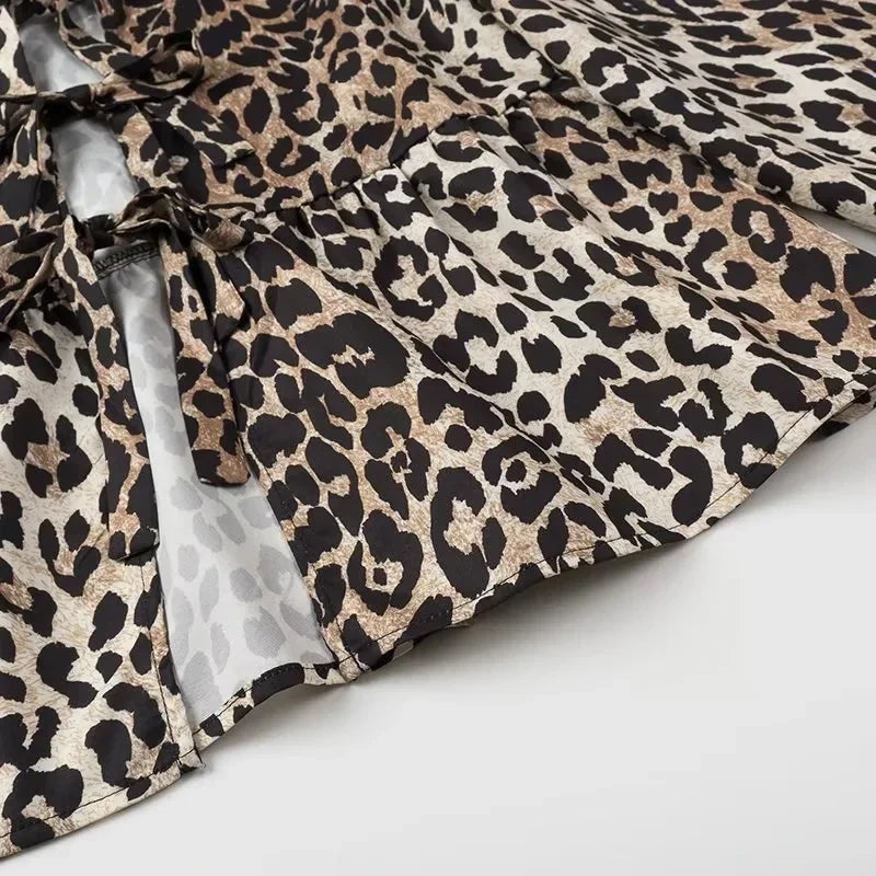 Women's Leopard Print Lace-Up Vintage Blouse Casual Loose Fit Y2K Chic Shirt