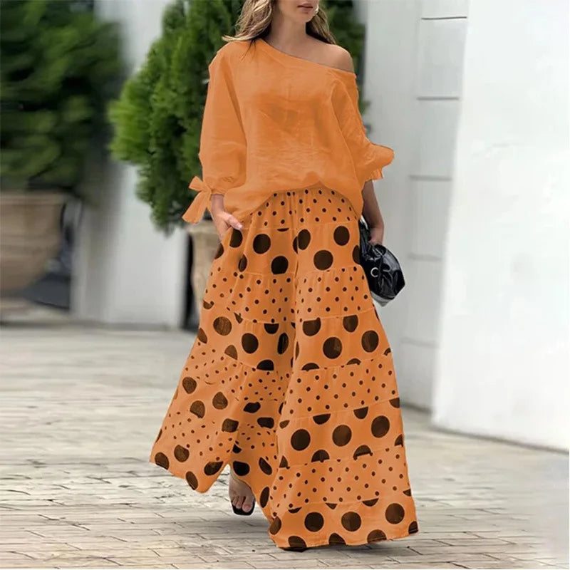 Off Shoulder Polka Dot Print Top and Wide Leg Pants Outfit for Women Casual Spring Autumn 2 Piece Set