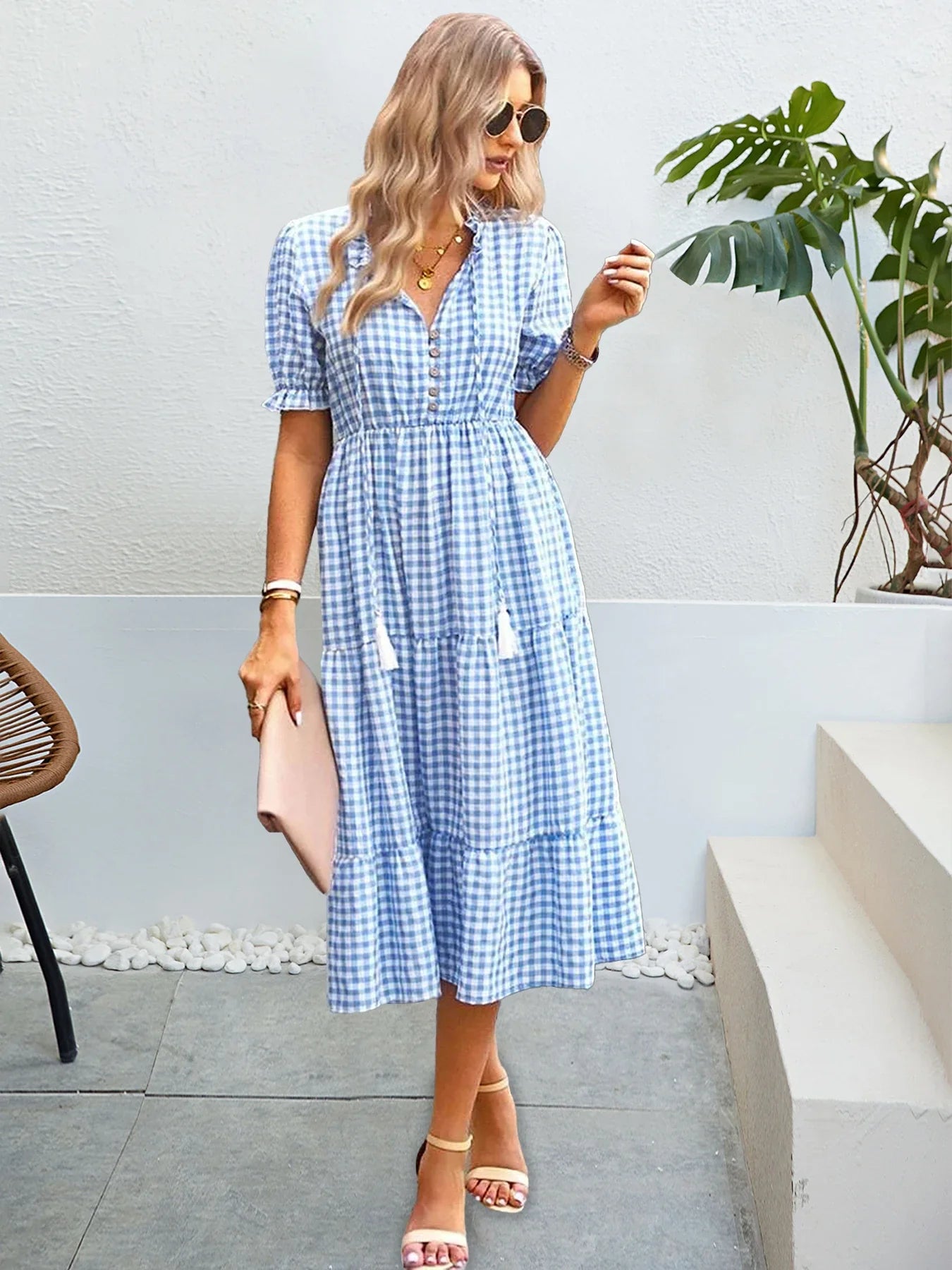 Plaid Short Sleeve Sundress A Line Tassel Elastic Waist
