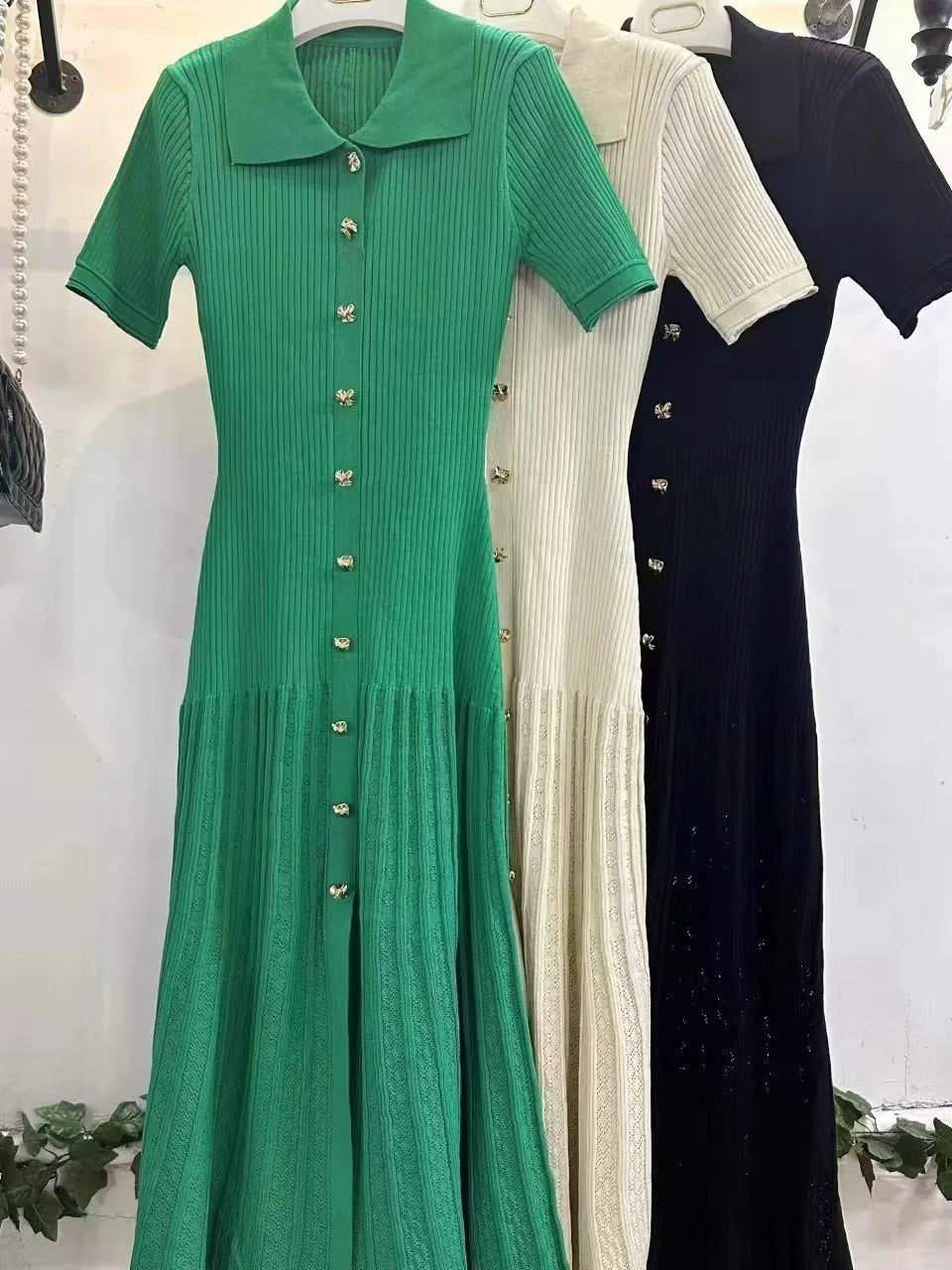 Green Knitted Long Dress With Lapel Puff Sleeves For Women