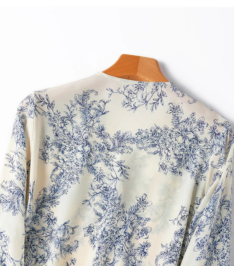 Women 100 Percent Mulberry Crepe Silk Shirt White Floral Button Down Long Sleeve Blouse Elegant Office Top M L XL