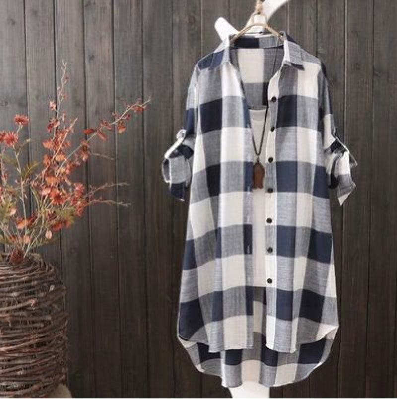 Casual Plaid Linen Cotton Long Sleeve Blouse Mid Length Loose Button Down Shirt for Women Autumn and Winter Fashion