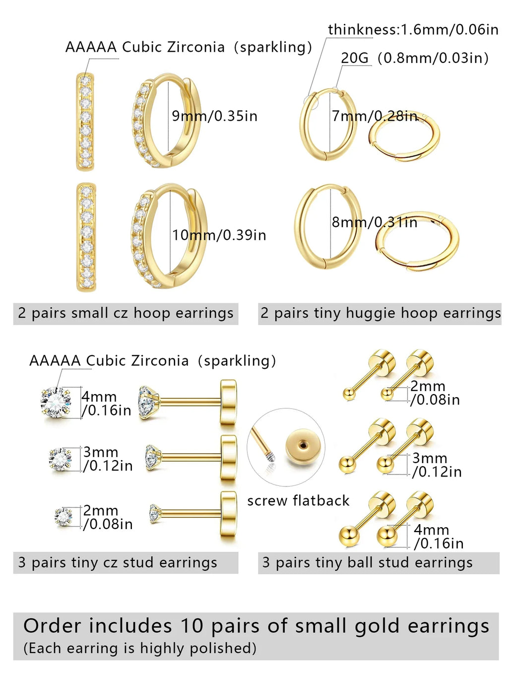 10 Pairs Small Gold Hoop Earrings for Women, 18K Gold Plated Tiny Stainless Steel Studs for Multiple Piercings