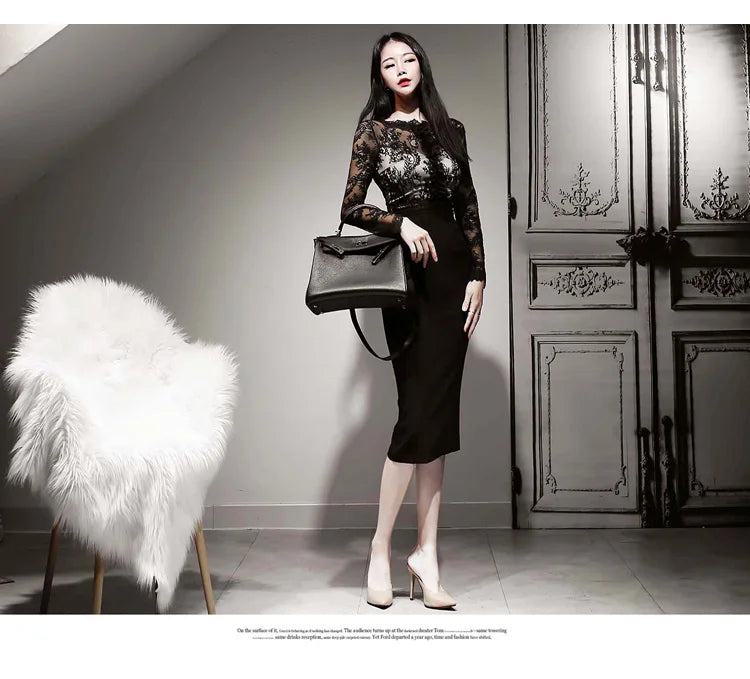 Korean Lace Bodycon Dress Women Office Sheath Pencil