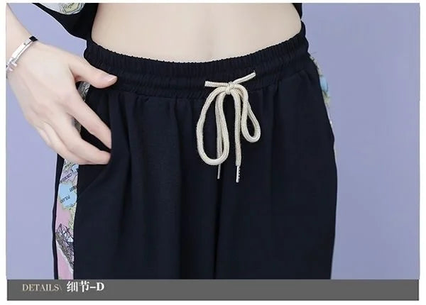 Women's Casual Two Piece Set with Hooded T-Shirt and Contrast Printed Pants for Spring and Summer Fashion