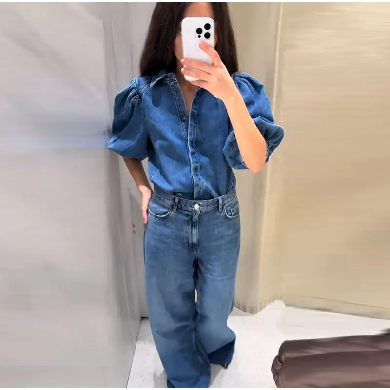 Street Denim Women's Puff Sleeve Shirt Solid Color Single Breasted Pleated Blouse Casual Half Sleeve Top for Spring and Summer