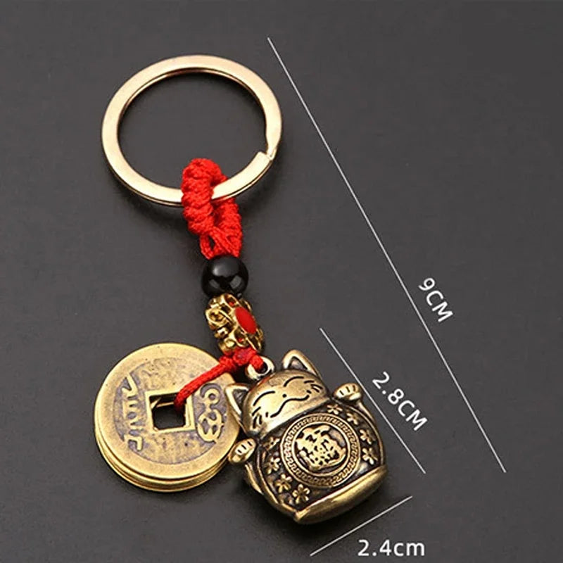 Vintage Handmade Lucky Cat Keychain with Feng Shui Coins and Beaded Design