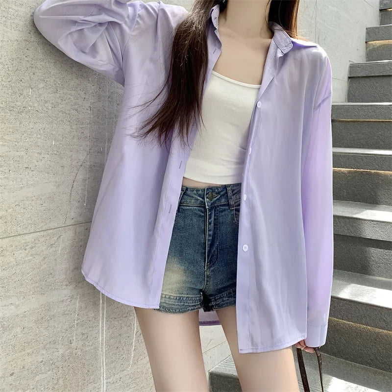 Silky Oversize Button Down Shirt for Women Long Sleeve Boyfriend Blouse Lightweight Summer Cover Up Casual Teen Girl Outfit