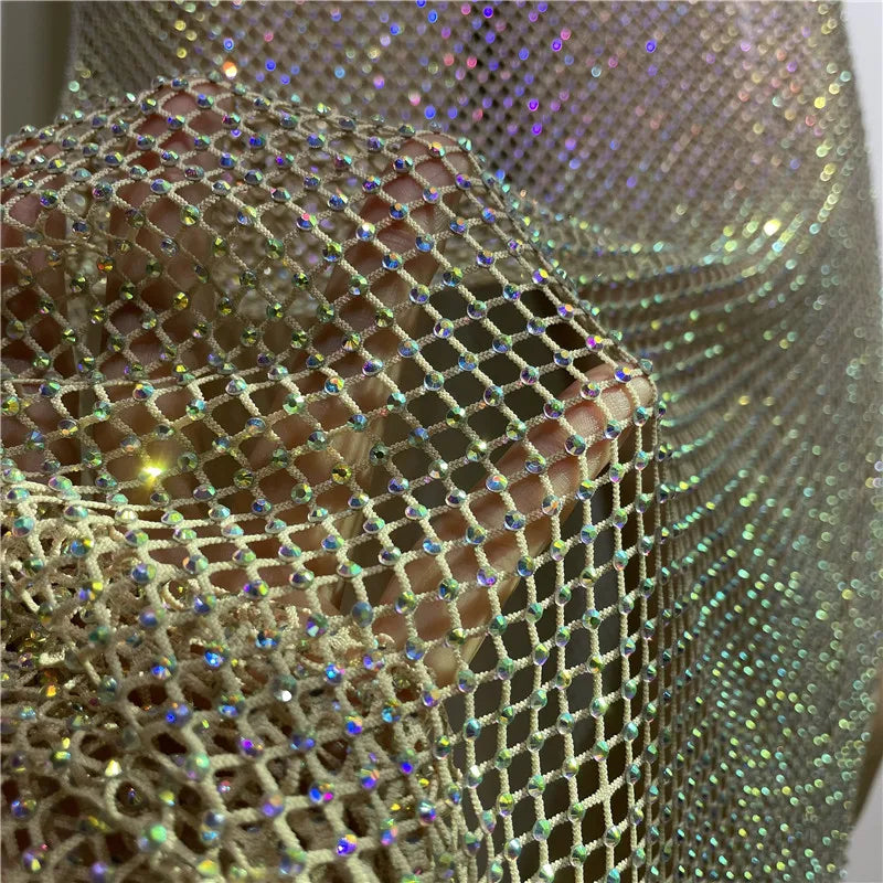 Rhinestone See Through Club Dress With Fishnet Details