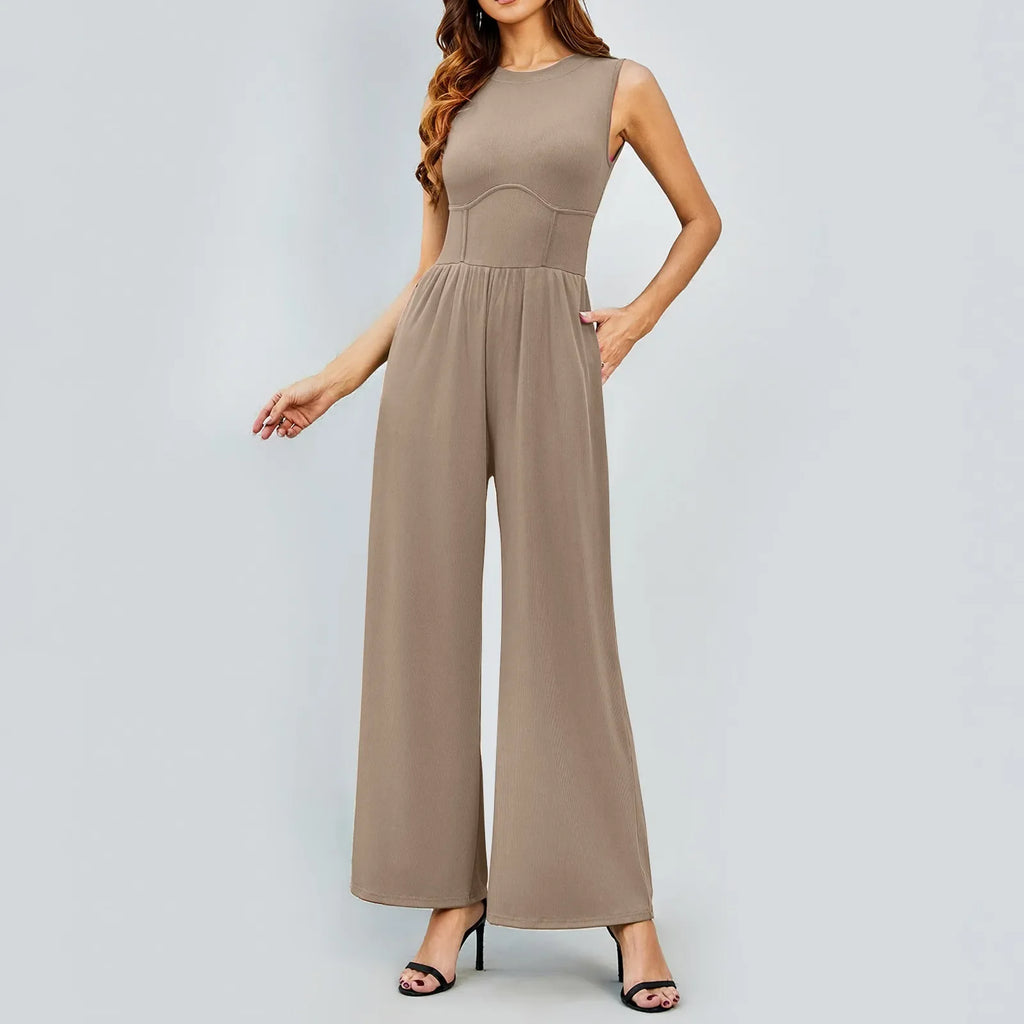 Women Sleeveless High Neck Ribbed Tank Top Jumpsuit Wide Leg Pants Romper with Tummy Control and High Waist Casual Summer Outfit