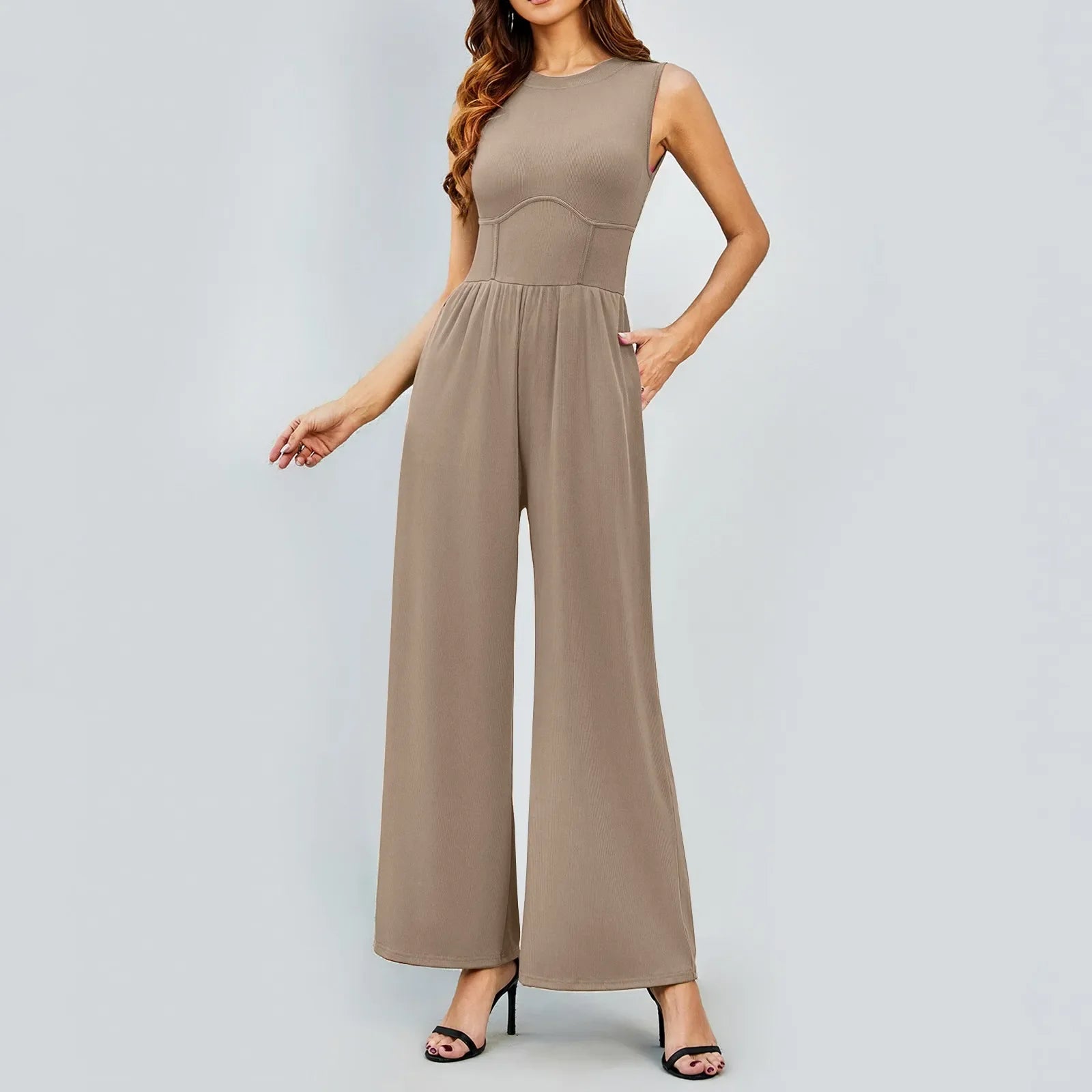 Women Sleeveless High Neck Ribbed Tank Top Jumpsuit Wide Leg Pants Romper with Tummy Control and High Waist Casual Summer Outfit