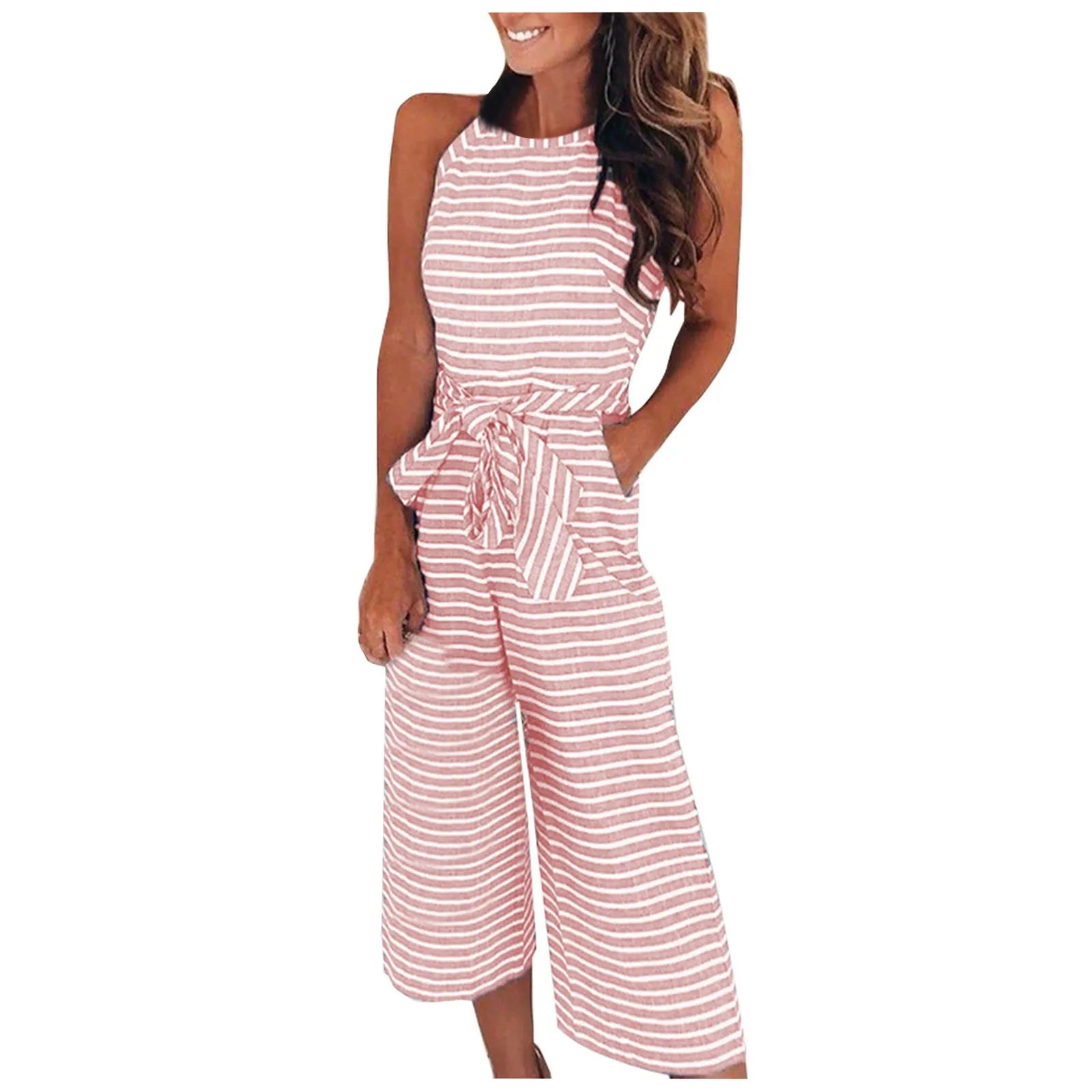 Elegant Sleeveless Striped Jumpsuit for Women Wide Leg Belted Romper Loose Fit Overalls Trousers