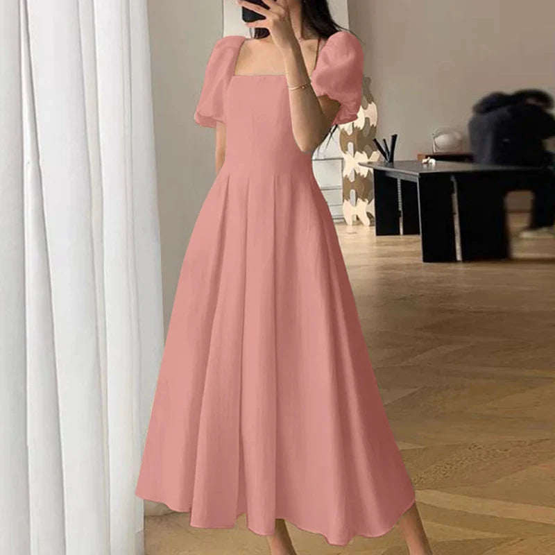 Korean Elegant Puff Sleeve A Line Dress Square Neckline