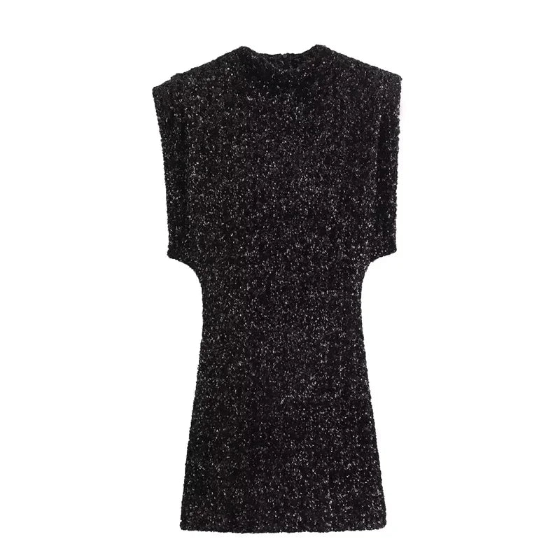 Silver Sequin Mini Dress Bodycon O Neck Sleeveless Partywear