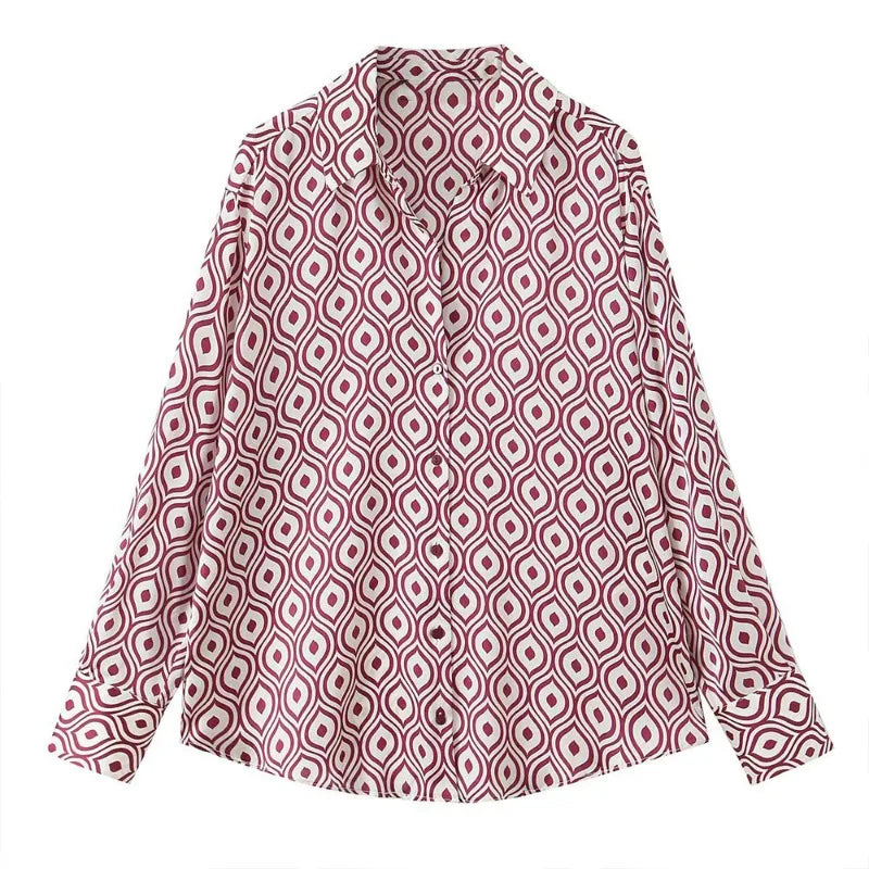 Women's Geometric Print Satin Effect Shirt with Lapel Collar Long Sleeve Single Breasted Slim Fit Chic Top for Spring and Summer